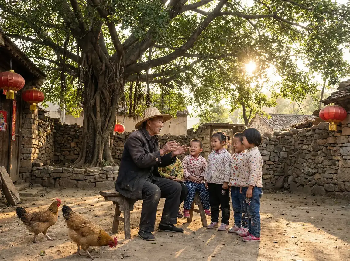 老人在大榕树下给孩子们讲故事 - 小米和爷爷和他的3个朋友 乡村记忆
